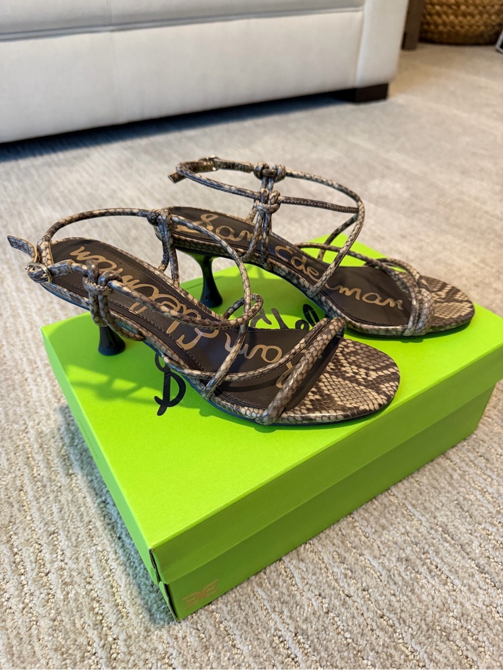 Sam Edelman Brown Snake-Print Knotted Strappy Heeled Sandals - Picture 5 of 7